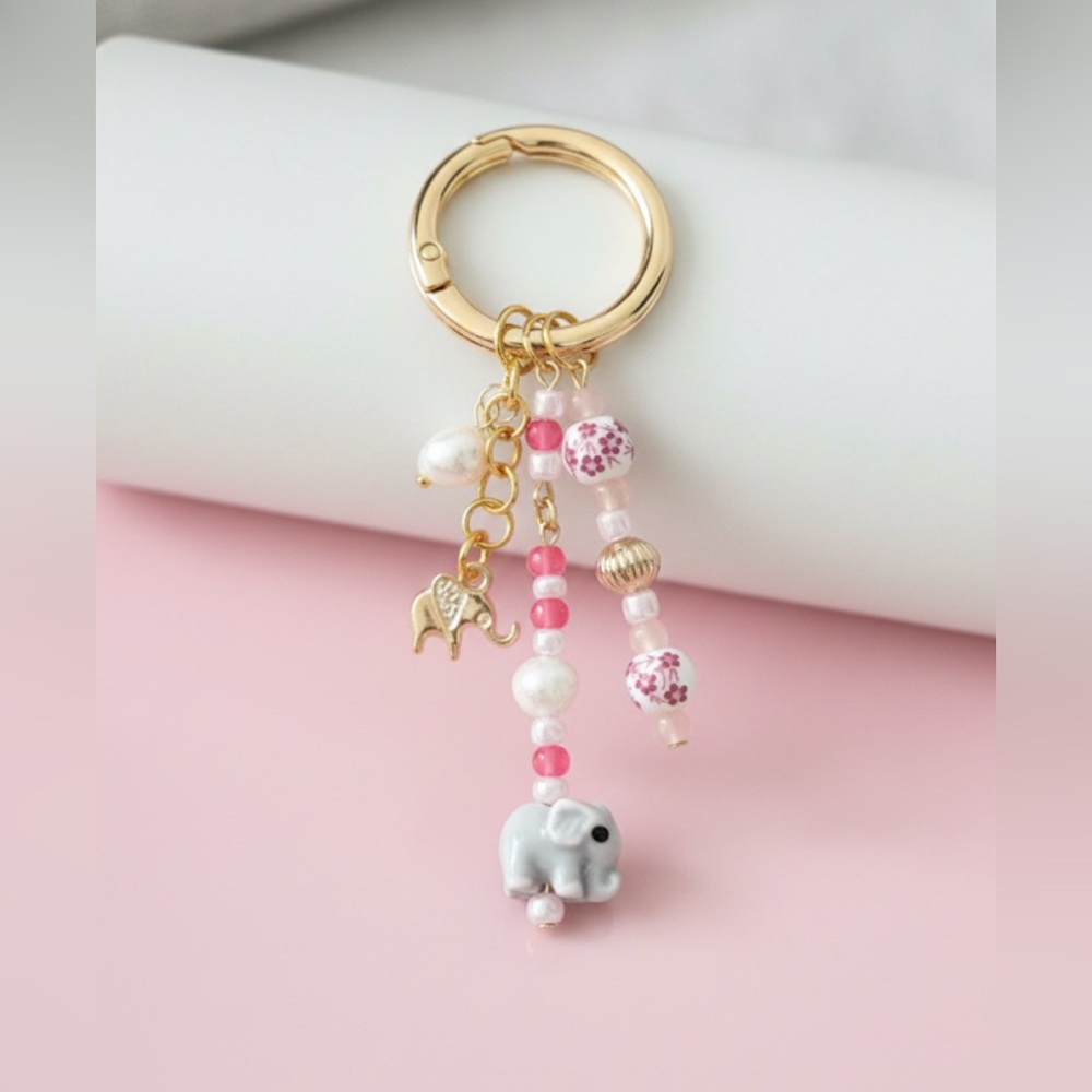 Ella Rose Pink & Gold Elephant Beaded Bag Charm Keychain with Real Pearl